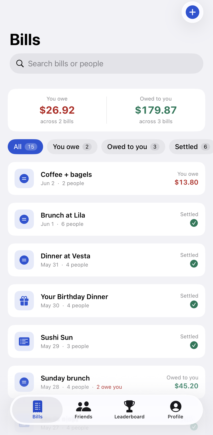 Friend & Finances app — the Bills screen showing what you owe, what you’re owed, and a list of recent tabs