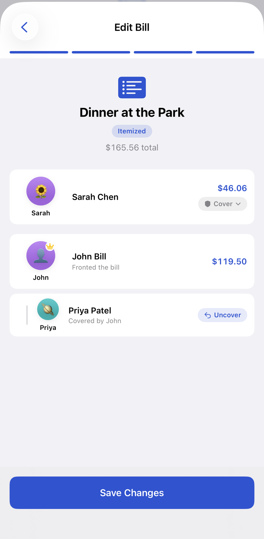 Editing a bill to cover another person’s share, with an option to uncover it later.