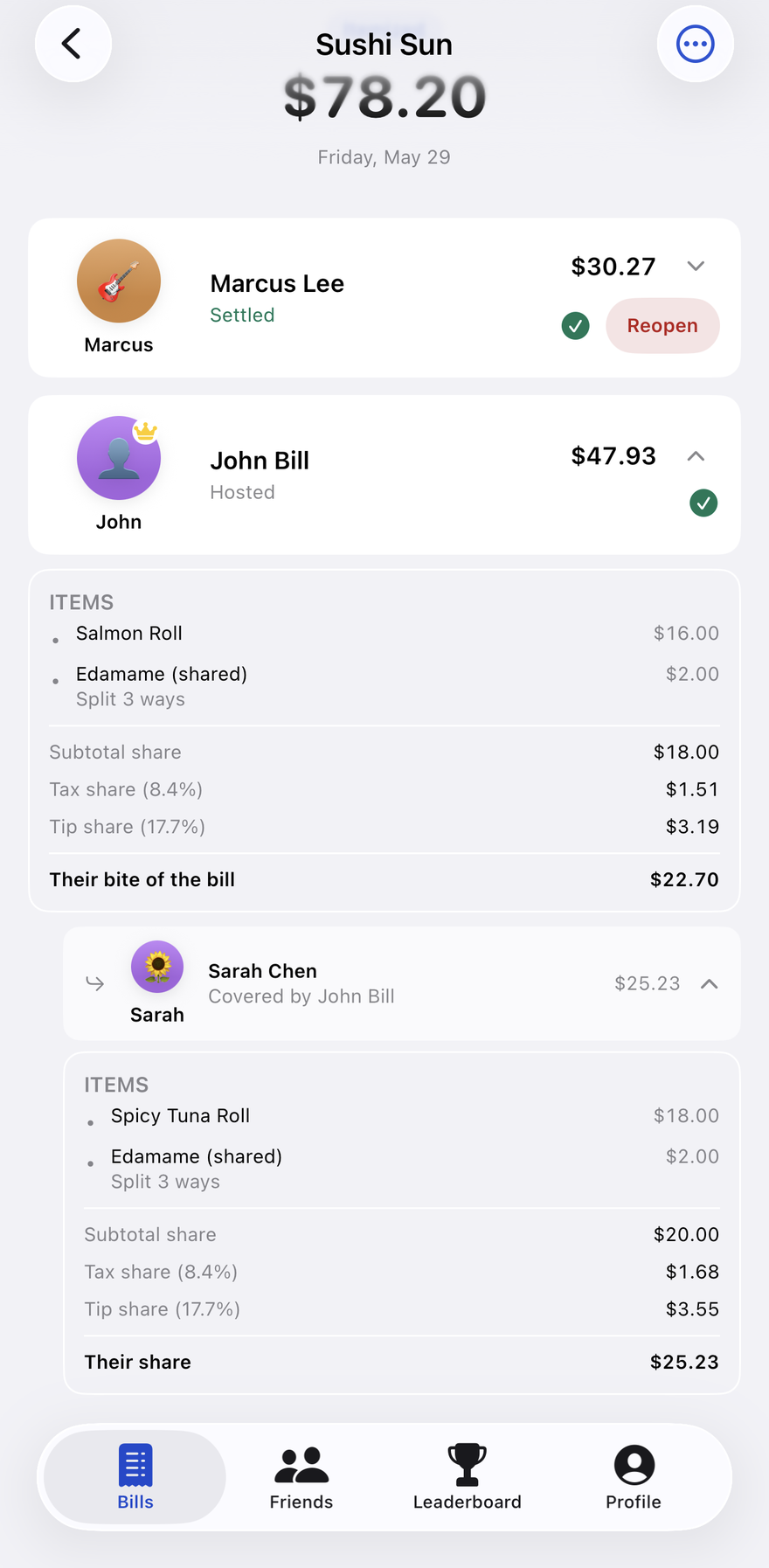 An itemized sushi bill split between three people, each line item assigned, with tax and tip prorated per person.
