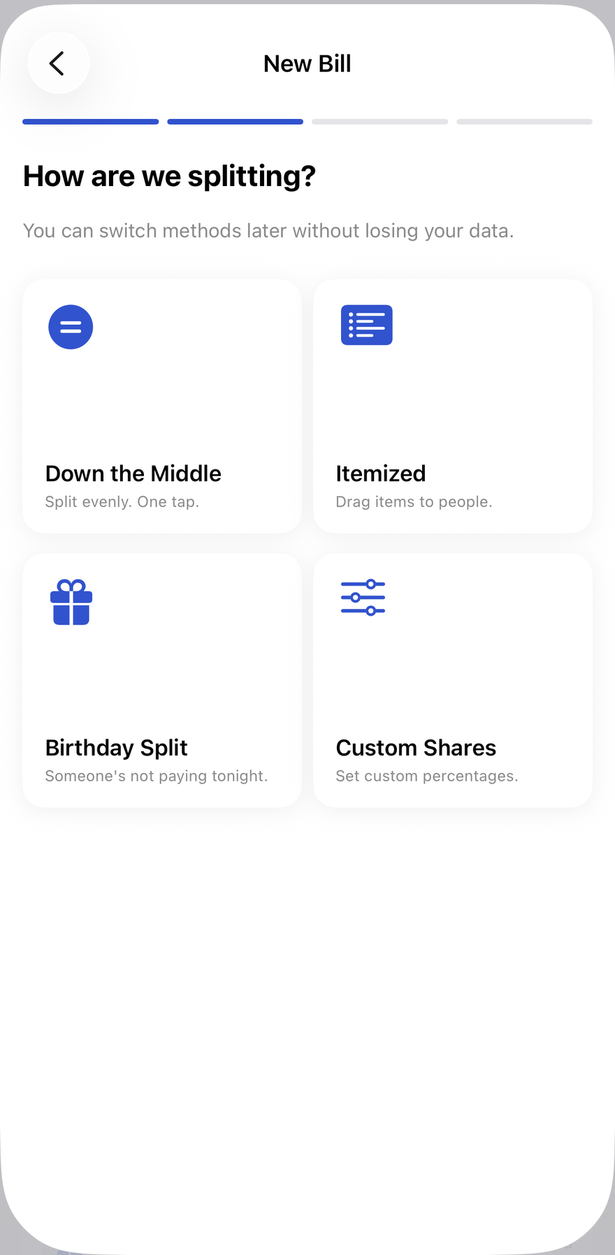 The “How are we splitting?” screen offering Down the Middle, Itemized, Birthday Split and Custom Shares.