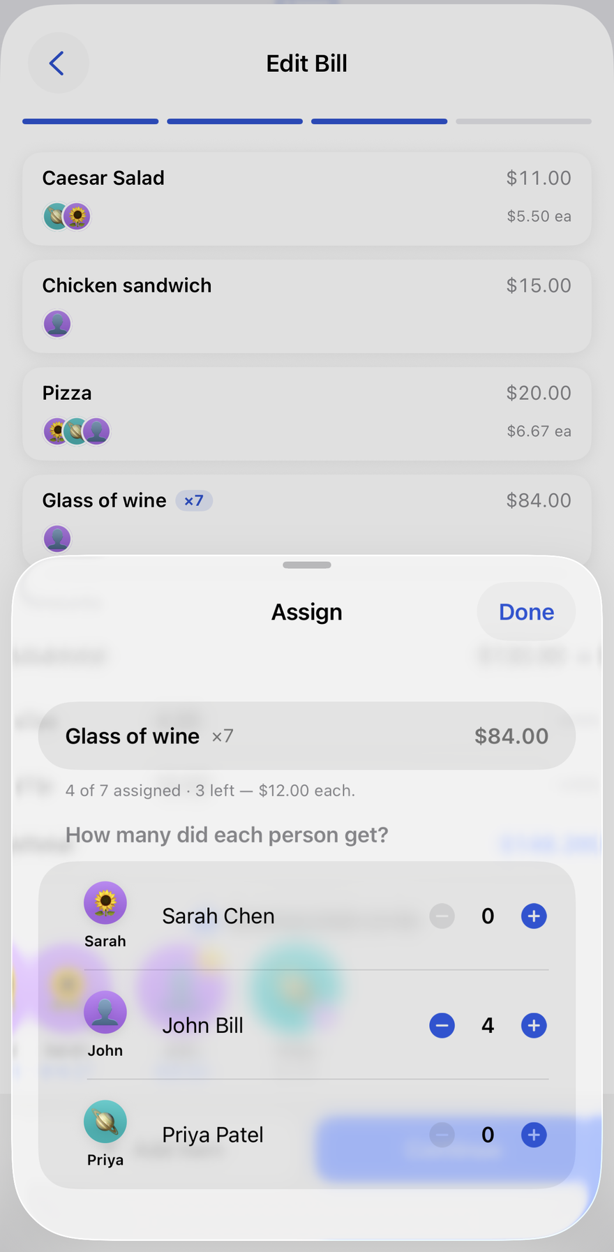 Assigning a repeated item — seven glasses of wine — with a per-person count stepper showing how many each person had.