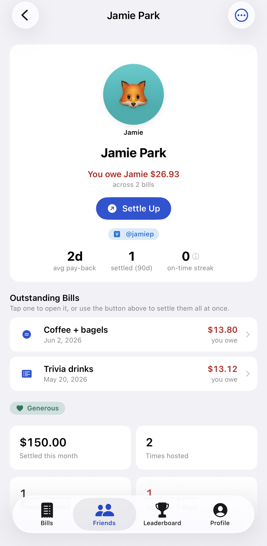 A friend’s profile showing an outstanding balance and a Settle Up button.